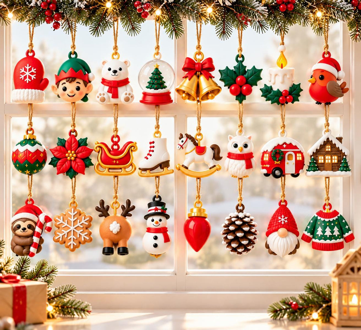May include: A collection of twenty-one colorful Christmas ornaments hanging in a window. The set includes figures like a mitten, elf, polar bear, snow globe, bells, holly, candle, bird, bauble, poinsettia, sleigh, skate, rocking horse, owl, camper, house, sloth, snowflake, reindeer, snowman, light bulb, pinecone, gnome, and sweater.