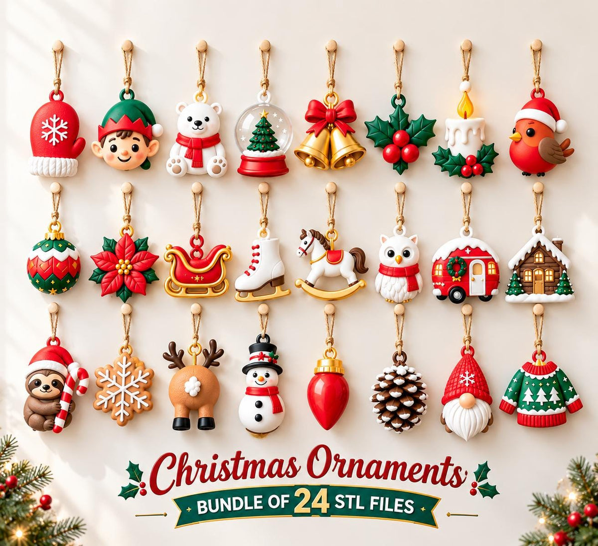May include: A collection of 24 hanging Christmas ornaments featuring various holiday icons including a mitten, elf, polar bear, snow globe, bells, holly, candle, bird, bauble, poinsettia, sleigh, skate, rocking horse, owl, camper, house, sloth, snowflake, reindeer, snowman, light bulb, pinecone, gnome, and sweater.