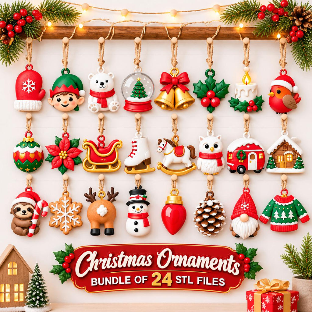 May include: A collection of 24 Christmas ornaments featuring various holiday icons including a mitten, elf, polar bear, snow globe, bells, holly, candle, robin, bauble, poinsettia, sleigh, skate, rocking horse, owl, camper, cabin, sloth, snowflake, reindeer, snowman, light bulb, pinecone, gnome, and sweater.