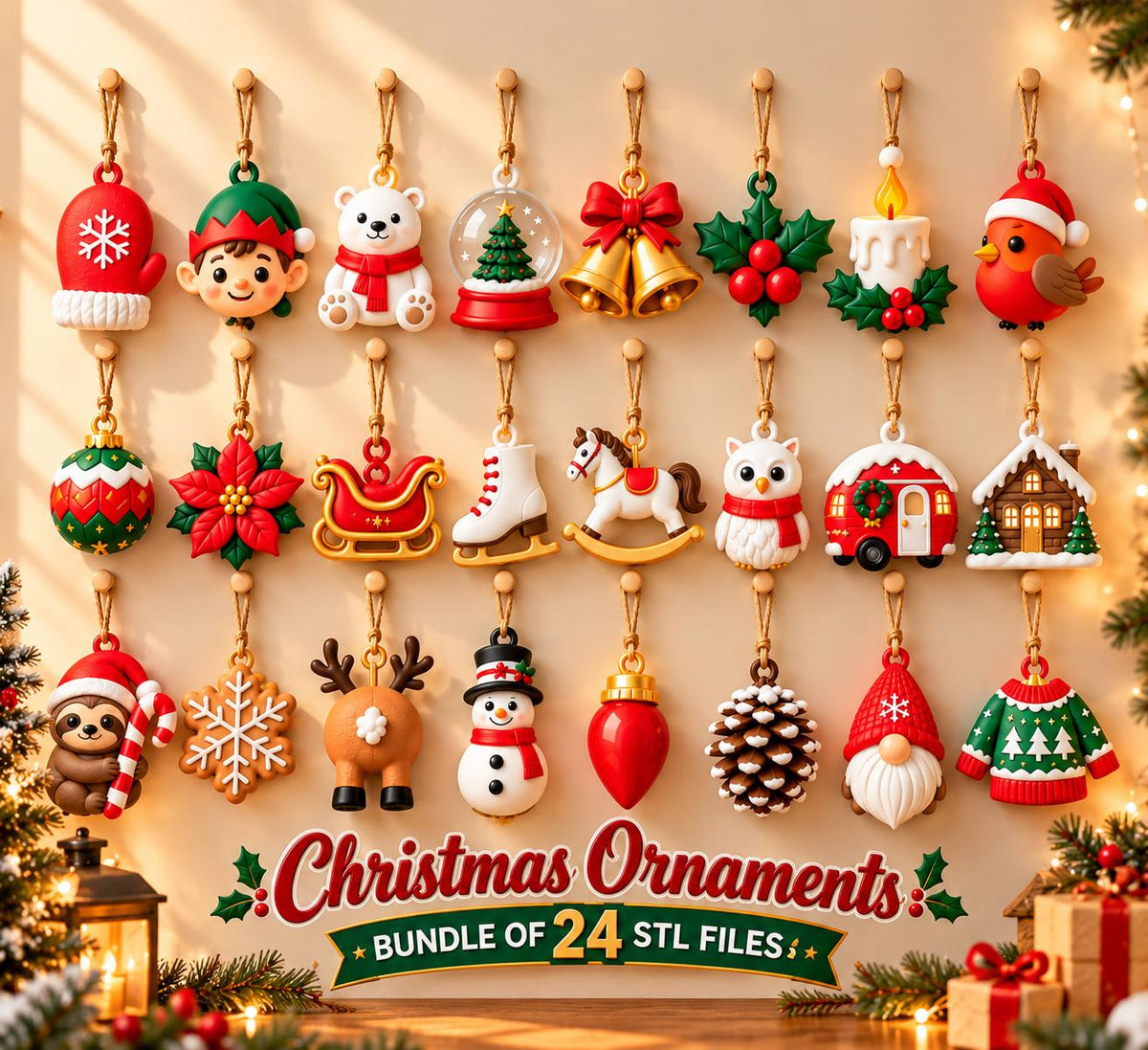 May include: A collection of 24 hanging Christmas ornaments featuring various holiday designs including a mitten, elf, polar bear, snow globe, bells, holly, candle, bird, poinsettia, sleigh, skate, rocking horse, owl, camper, house, sloth, snowflake, reindeer, snowman, light bulb, pinecone, gnome, and sweater. The text reads Christmas Ornaments BUNDLE OF 24 STL FILES.