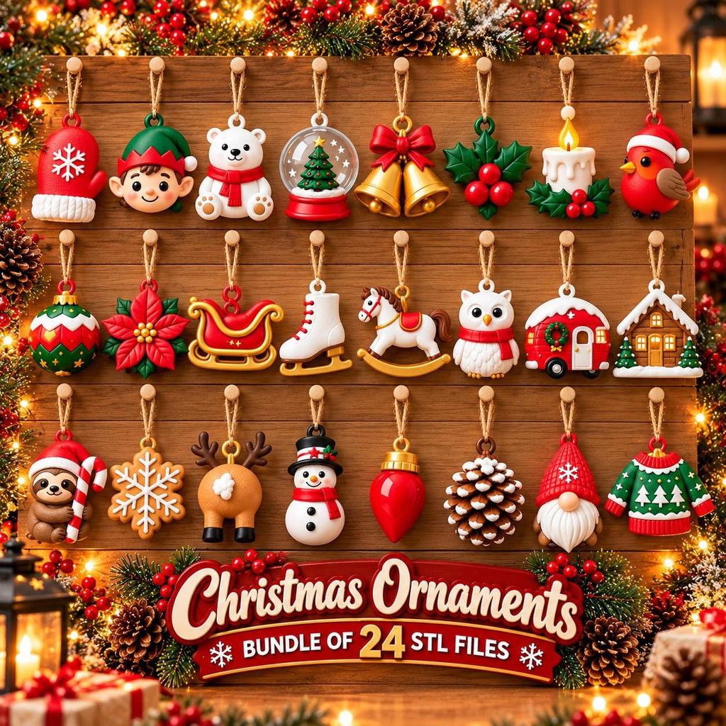 May include: A collection of 24 Christmas ornaments hanging on a wooden board, including a mitten, elf, polar bear, snow globe, bells, holly, candle, bird, bauble, poinsettia, sleigh, skate, rocking horse, owl, camper, house, sloth, snowflake, reindeer, snowman, lightbulb, pinecone, gnome, and sweater.
