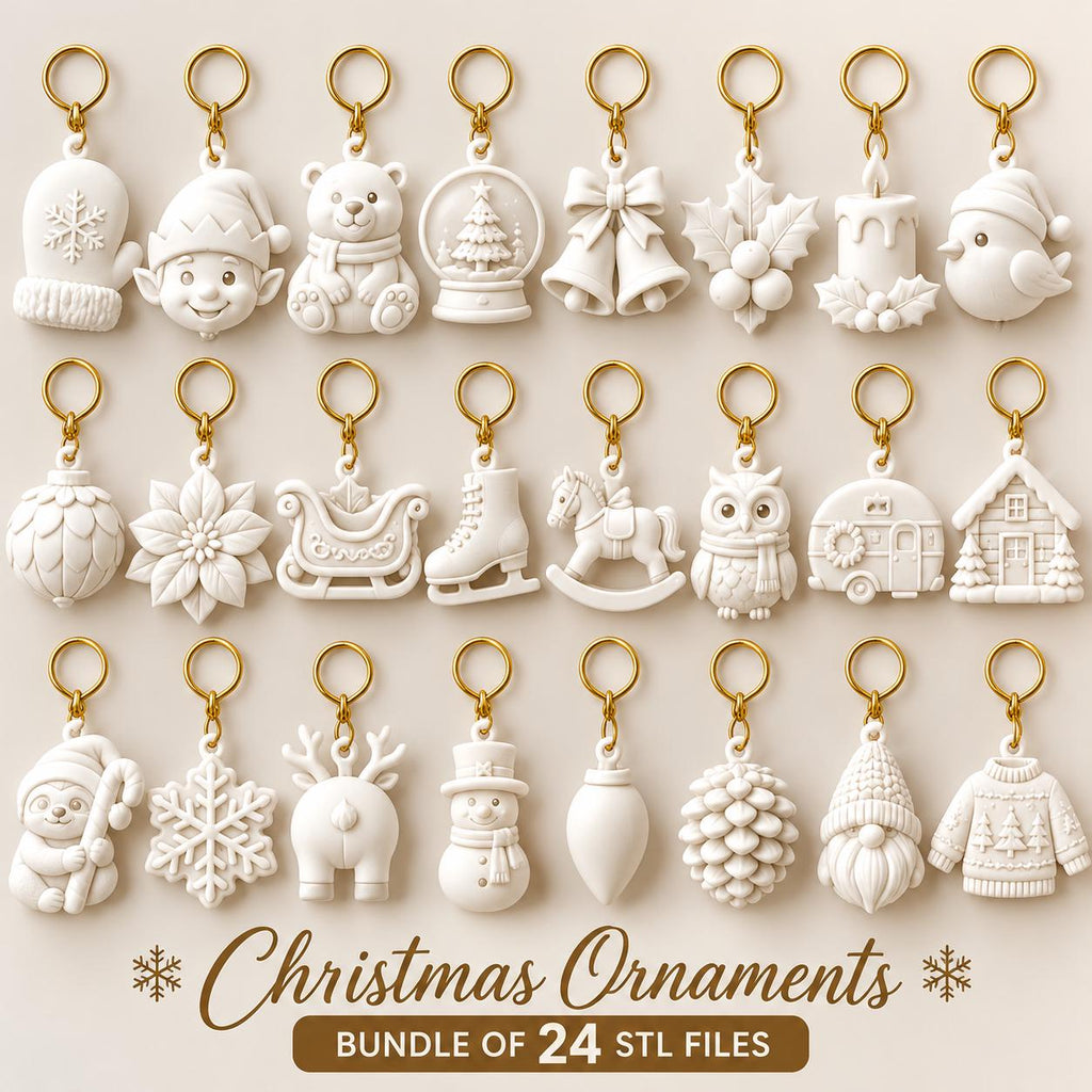 May include: A collection of 24 white Christmas-themed ornaments with gold rings, featuring shapes like a mitten, elf, bear, snow globe, bells, holly, candle, bird, bauble, flower, sleigh, skate, horse, owl, camper, house, sloth, snowflake, deer, snowman, bulb, pinecone, gnome, and sweater.