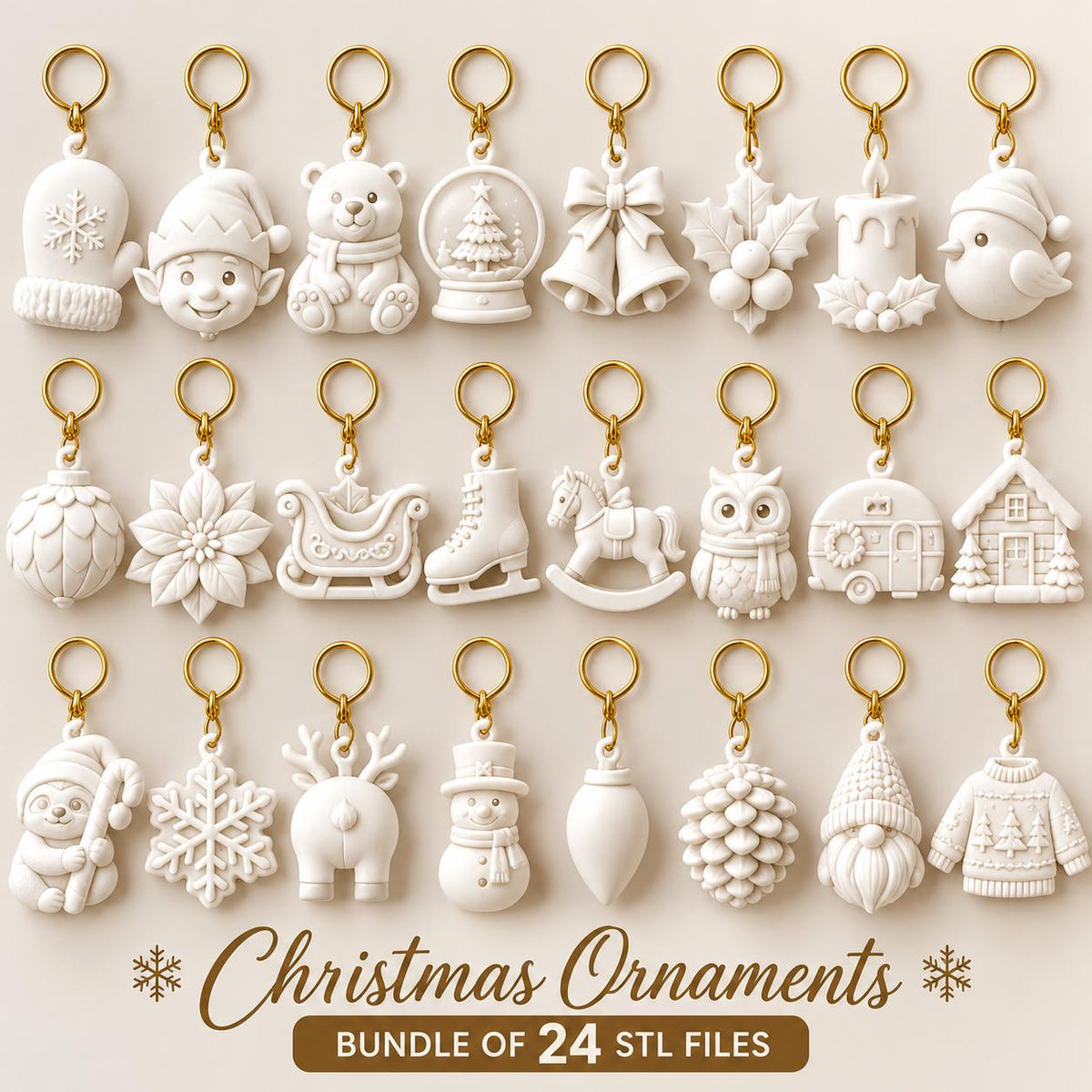 May include: A collection of 24 white Christmas-themed ornaments with gold rings, featuring shapes like a mitten, elf, bear, snow globe, bells, holly, candle, bird, bauble, flower, sleigh, skate, horse, owl, camper, house, sloth, snowflake, deer, snowman, bulb, pinecone, gnome, and sweater.
