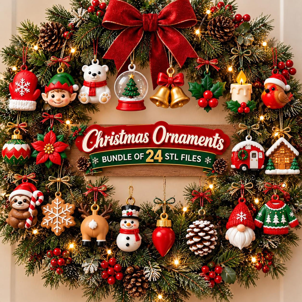 May include: A green Christmas wreath decorated with various ornaments including a polar bear, snowman, gingerbread snowflake, red mitten, and a sign that reads Christmas Ornaments BUNDLE OF 24 STL FILES with warm white fairy lights.