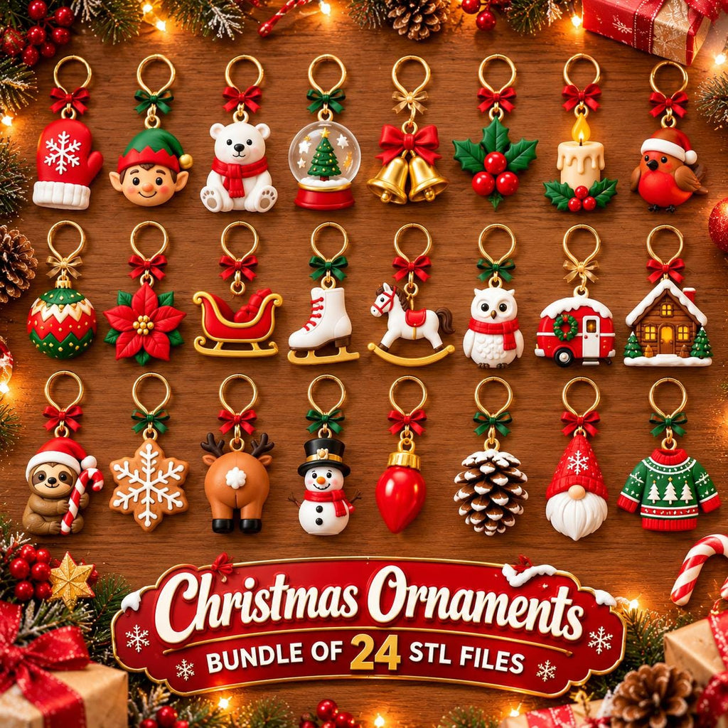 May include: A collection of 24 miniature Christmas ornaments featuring various holiday icons including a mitten, elf, polar bear, snow globe, bells, holly, candle, robin, bauble, poinsettia, sleigh, skate, horse, owl, camper, house, sloth, snowflake, reindeer, snowman, bulb, pinecone, gnome, and sweater.