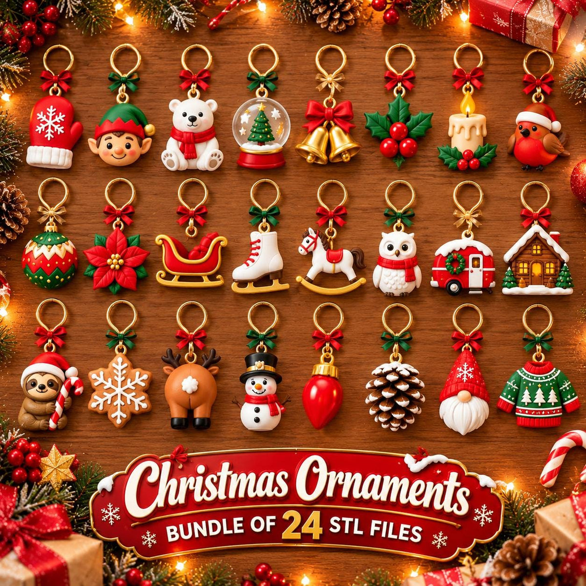 May include: A collection of 24 miniature Christmas ornaments featuring various holiday icons including a mitten, elf, polar bear, snow globe, bells, holly, candle, robin, bauble, poinsettia, sleigh, skate, horse, owl, camper, house, sloth, snowflake, reindeer, snowman, bulb, pinecone, gnome, and sweater.