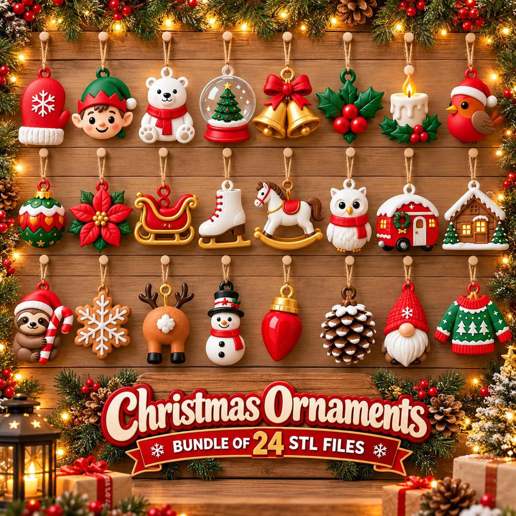 May include: A collection of 24 Christmas ornaments featuring various holiday icons including a mitten, elf, polar bear, snow globe, bells, holly, candle, robin, bauble, poinsettia, sleigh, skate, rocking horse, owl, camper, house, sloth, snowflake, reindeer, snowman, light bulb, pinecone, gnome, and sweater.