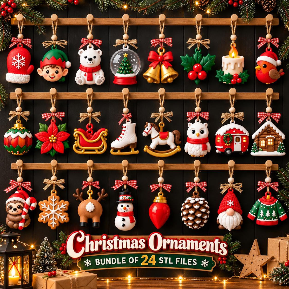 May include: A collection of 24 Christmas ornaments hanging on wooden racks, featuring designs like a mitten, elf, polar bear, snow globe, bells, holly, candle, robin, bauble, poinsettia, sleigh, skate, rocking horse, owl, camper, cabin, sloth, snowflake, reindeer, snowman, light bulb, pinecone, gnome, and sweater.