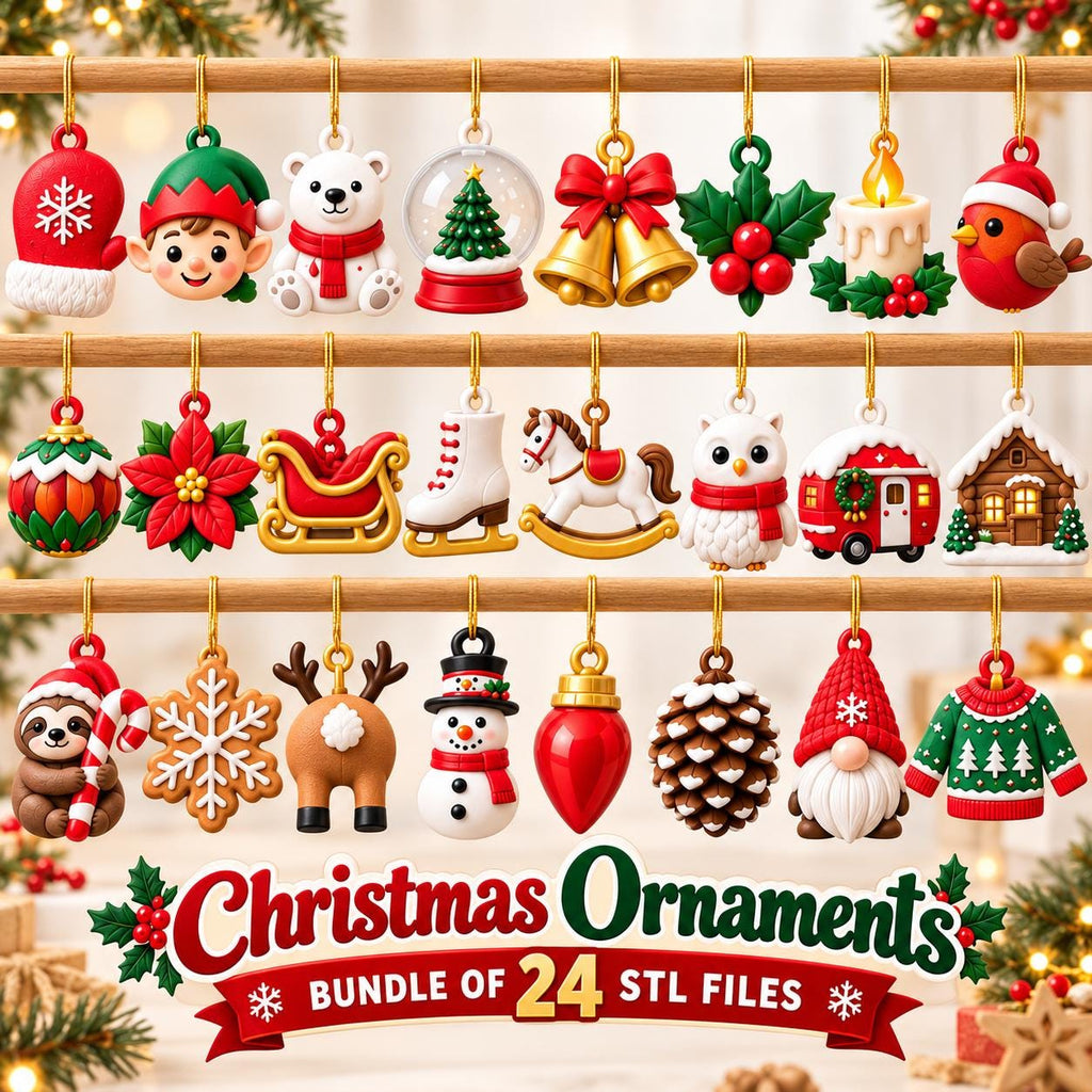 May include: A collection of 24 Christmas ornaments hanging from wooden bars, including figures like a mitten, elf, polar bear, snow globe, bells, holly, candle, robin, bauble, poinsettia, sleigh, skate, horse, owl, camper, house, sloth, snowflake, reindeer, snowman, bulb, pinecone, gnome, and sweater.