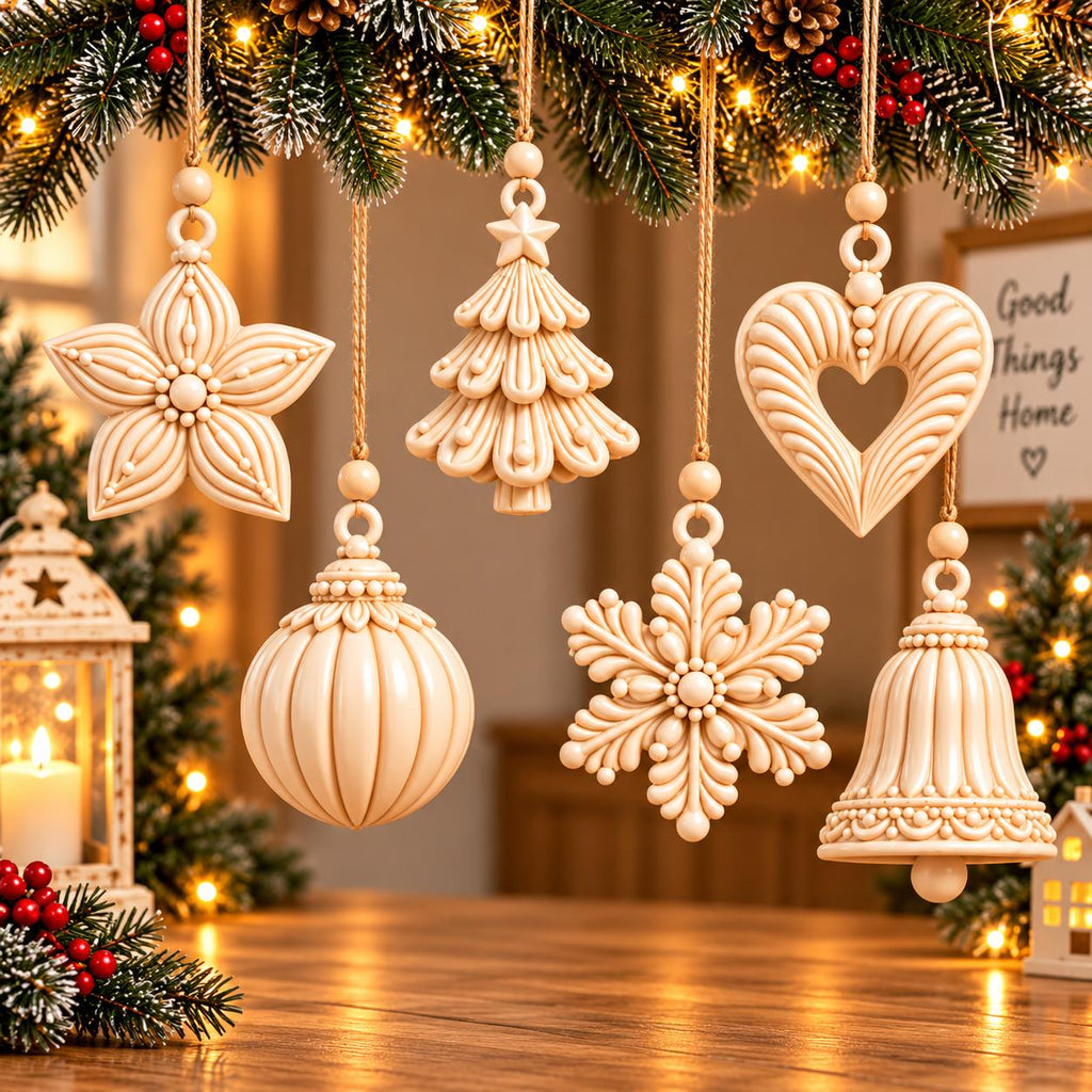 May include: A set of six light beige hanging ornaments featuring a star, a Christmas tree, a heart, a round bauble, a snowflake, and a bell. Each ornament is crafted with intricate raised line details and suspended by a simple twine string.