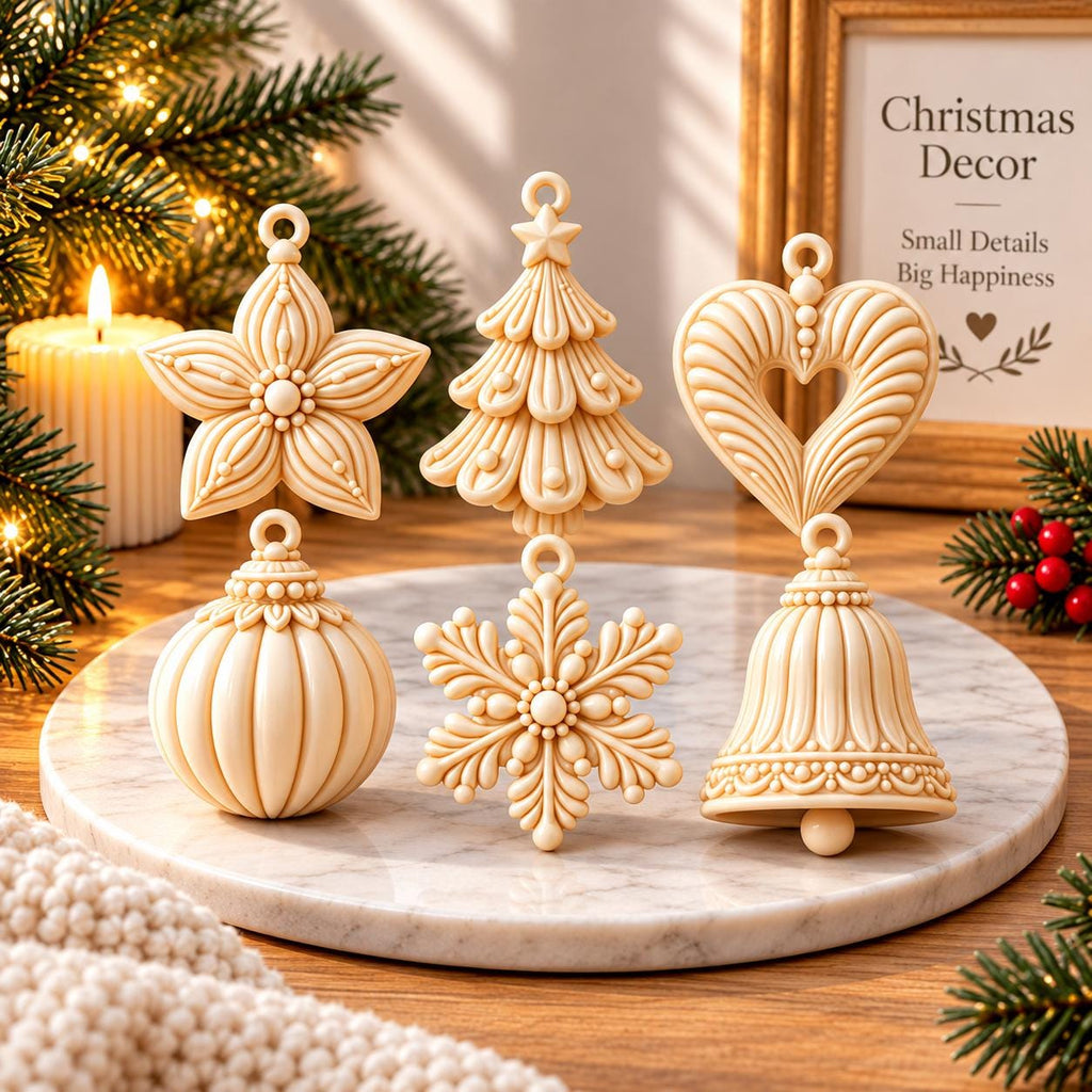 May include: A set of five cream-colored hanging ornaments featuring a star, a Christmas tree, a heart, a round bauble, a snowflake, and a bell. Each piece has a detailed, molded texture with a small loop at the top for hanging purposes.