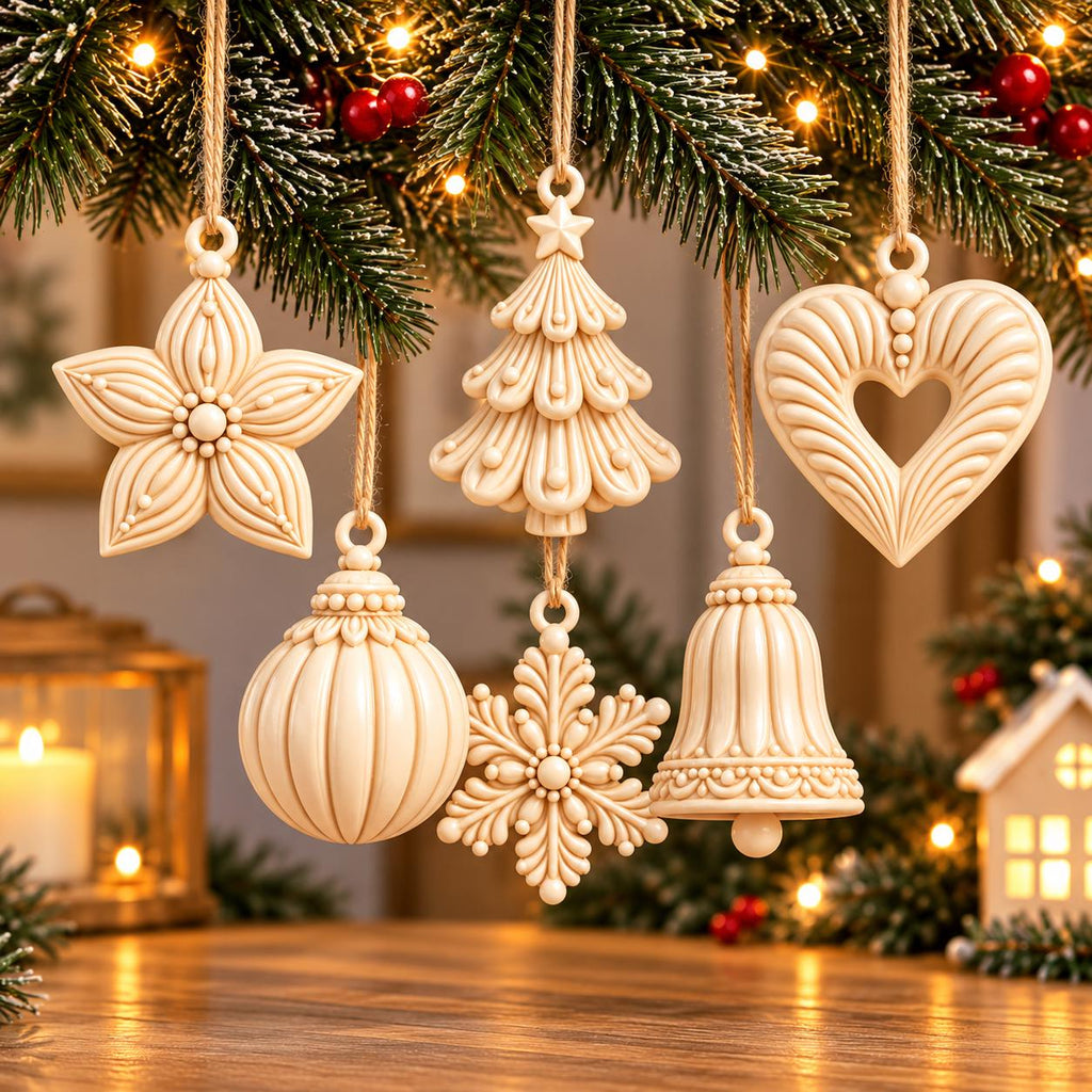 May include: A set of six cream-colored hanging ornaments featuring a star, a Christmas tree, a heart, a round bauble, a snowflake, and a bell. Each ornament is crafted with intricate raised details and suspended by a simple brown twine string.