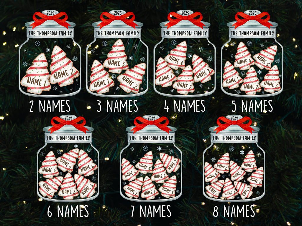 May include: Seven glass jar ornaments with red bows and the text 2025 and The Thompson Family. Each jar contains varying quantities of white and red striped Christmas tree cookies labeled with names, ranging from two to eight cookies per jar.