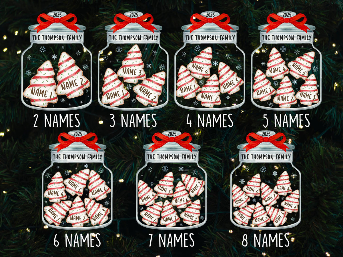 May include: Seven glass jar ornaments with red bows and the text 2025 and The Thompson Family. Each jar contains varying quantities of white and red striped Christmas tree cookies labeled with names, ranging from two to eight cookies per jar.