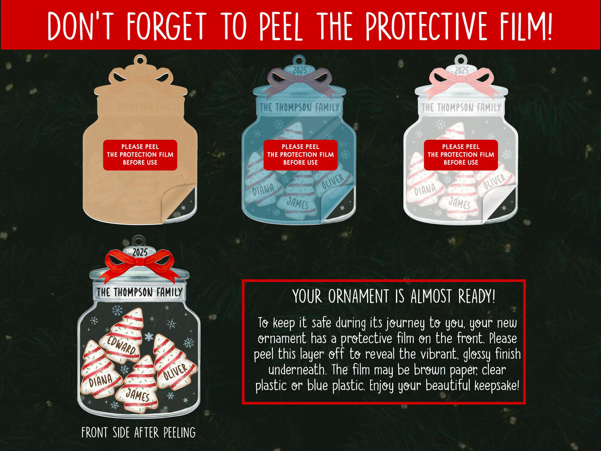 May include: Four jar-shaped ornaments with bows and text. The top row shows three jars with protective film, including brown paper, blue plastic, and clear plastic. The bottom left shows a finished ornament with red bow and cookie graphics.