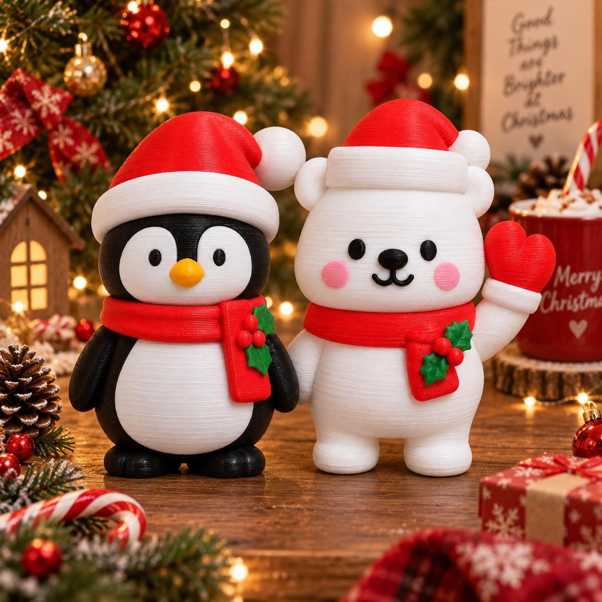 May include: A 3D printed penguin and a polar bear figurine, both wearing red Santa hats and red scarves with green holly and red berry accents. The penguin is black and white with an orange beak, while the polar bear is white with pink cheeks.