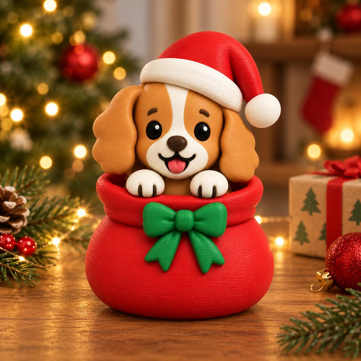May include: A brown and white puppy figurine wearing a red and white Santa hat, peeking out from a red gift bag decorated with a green bow. The puppy has large black eyes, a small black nose, and a pink tongue visible in its open mouth.