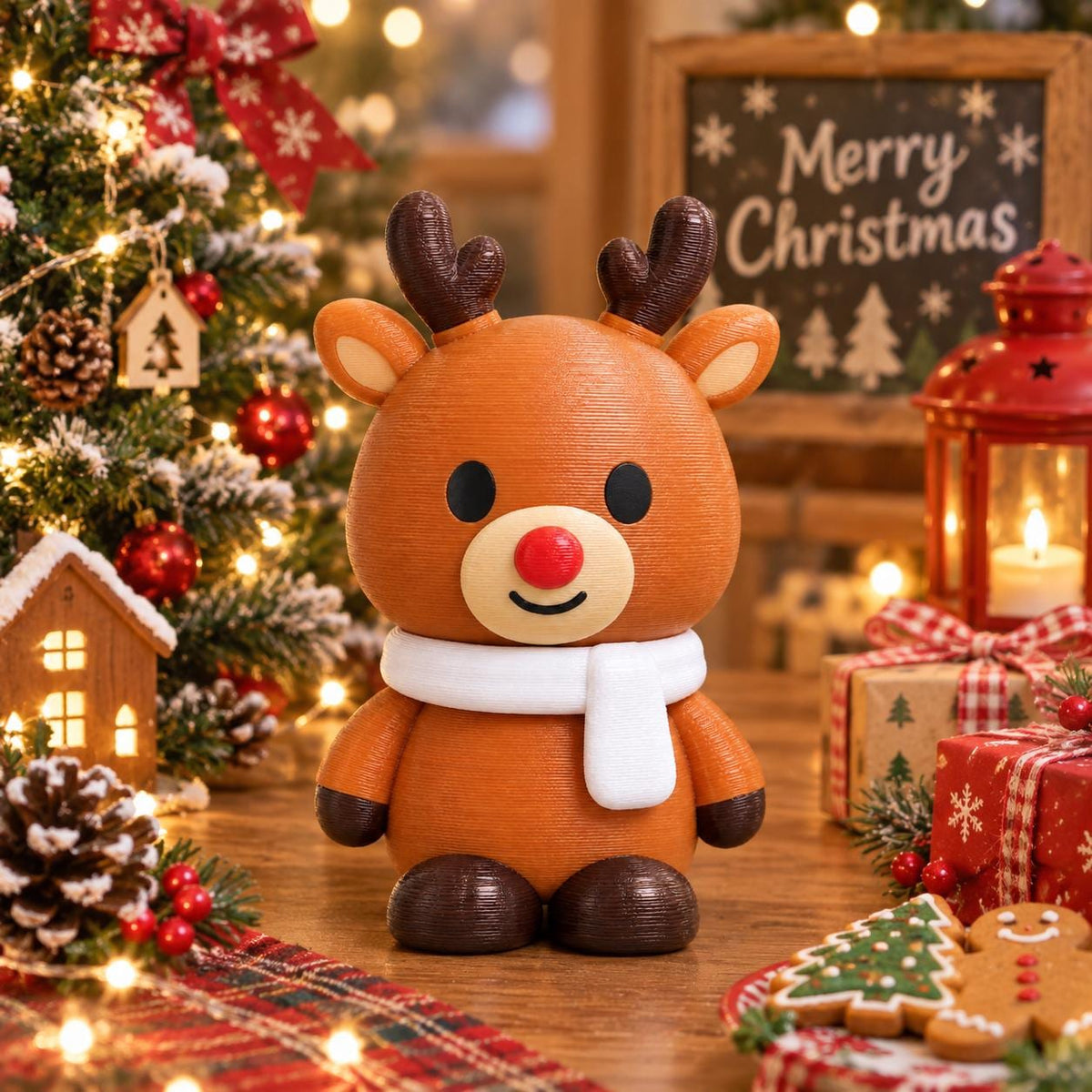 May include: A brown reindeer figurine with dark brown antlers, black eyes, and a bright red nose. The reindeer wears a smooth white scarf around its neck and has dark brown feet. The surface of the figure shows a fine, layered 3D printed texture.