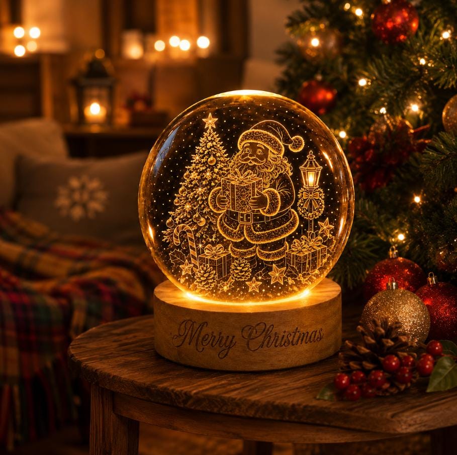 May include: A spherical glass ornament featuring an etched design of Santa Claus holding a gift, a Christmas tree, and a lamp post. The ornament sits on a circular wooden base with the engraved text Merry Christmas, illuminated from below.