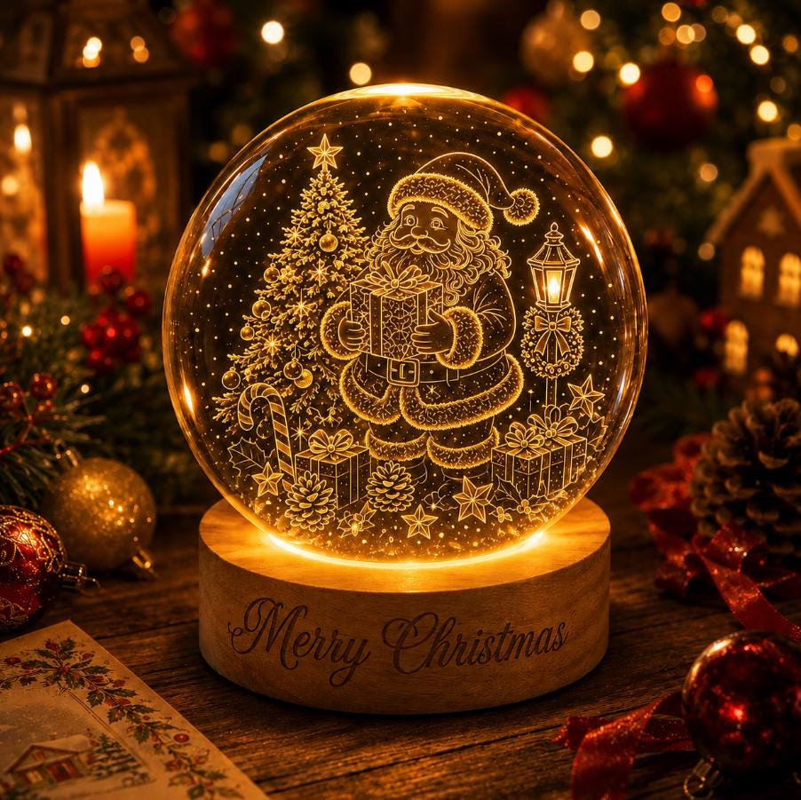 May include: A spherical glass ornament featuring an illuminated 3D engraving of Santa Claus holding a gift, a Christmas tree, and a lamp post. The ornament sits on a circular wooden base with the engraved text Merry Christmas in cursive script.