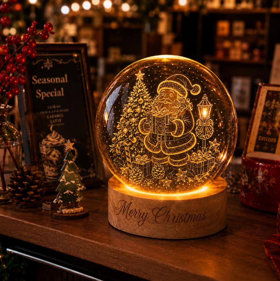 May include: A spherical glass ornament featuring an illuminated laser-etched design of Santa Claus holding a gift, a Christmas tree, and a lamp post. The sphere rests on a cylindrical wooden base with the engraved text Merry Christmas.