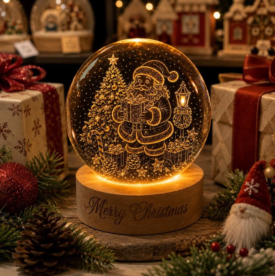 May include: A spherical glass ornament featuring an illuminated golden engraving of Santa Claus holding a gift, a Christmas tree, and a lamp post. The ornament sits on a circular wooden base with the engraved text Merry Christmas.