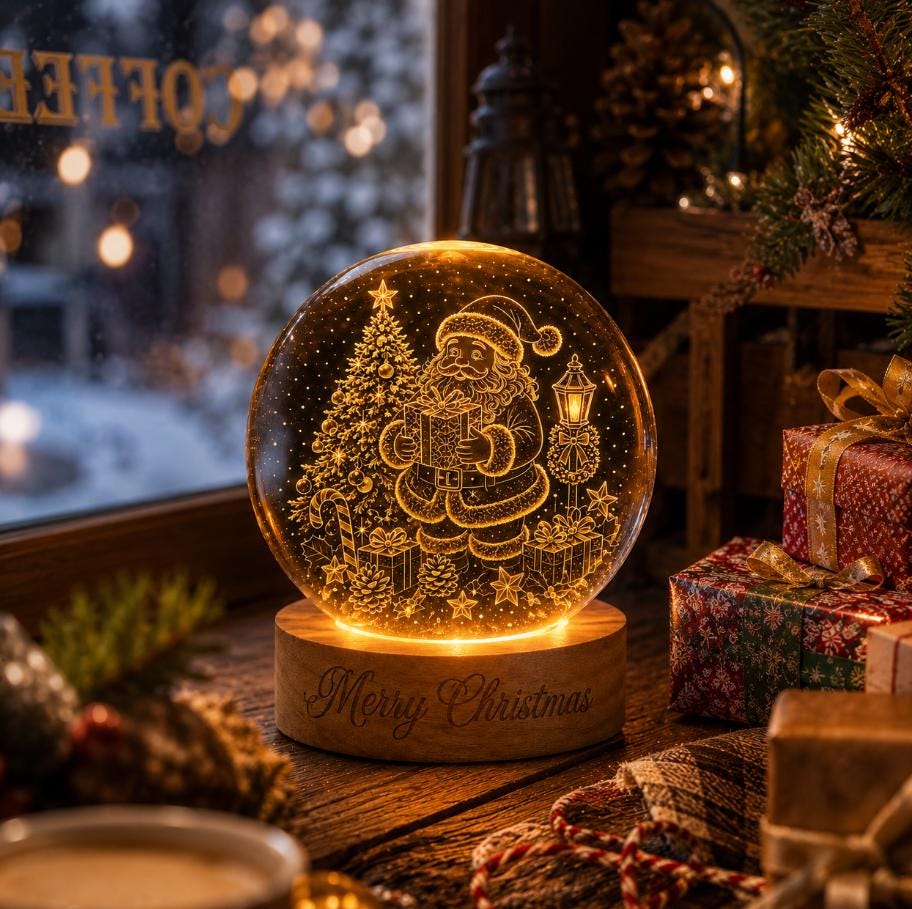 May include: A spherical glass ornament featuring an illuminated laser-etched design of Santa Claus holding a gift, a Christmas tree, and a lamp post. The ornament sits on a circular wooden base with the engraved text Merry Christmas.