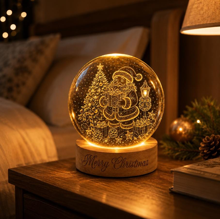 May include: A spherical glass night light featuring an internal laser-etched design of Santa Claus holding a gift, a Christmas tree, and a lamp post. The light sits on a cylindrical wooden base with the engraved text Merry Christmas.