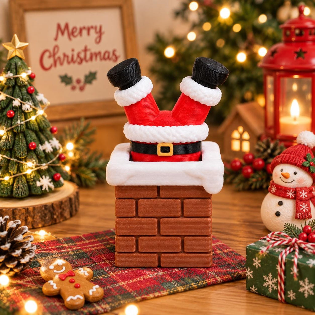 May include: A decorative figurine featuring the lower half of a Santa Claus figure with red pants, black boots, and a black belt, positioned upside down inside a brown brick chimney with a white snow-covered top edge and a square yellow buckle.