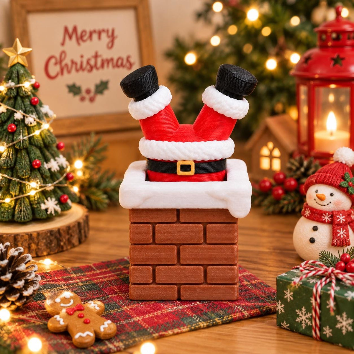 May include: A decorative figurine featuring the lower half of a Santa Claus figure with red pants, black boots, and a black belt, positioned upside down inside a brown brick chimney with a white snow-covered top edge and a square yellow buckle.