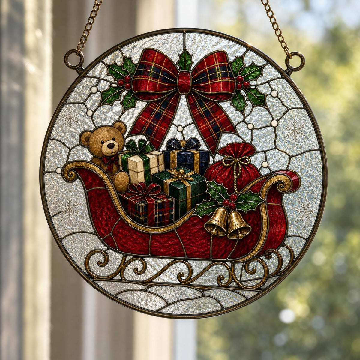 May include: A circular stained glass suncatcher featuring a red sleigh filled with wrapped gift boxes and a brown teddy bear. A large red plaid bow sits above the sleigh, accented by green holly leaves and two gold bells hanging from the side.