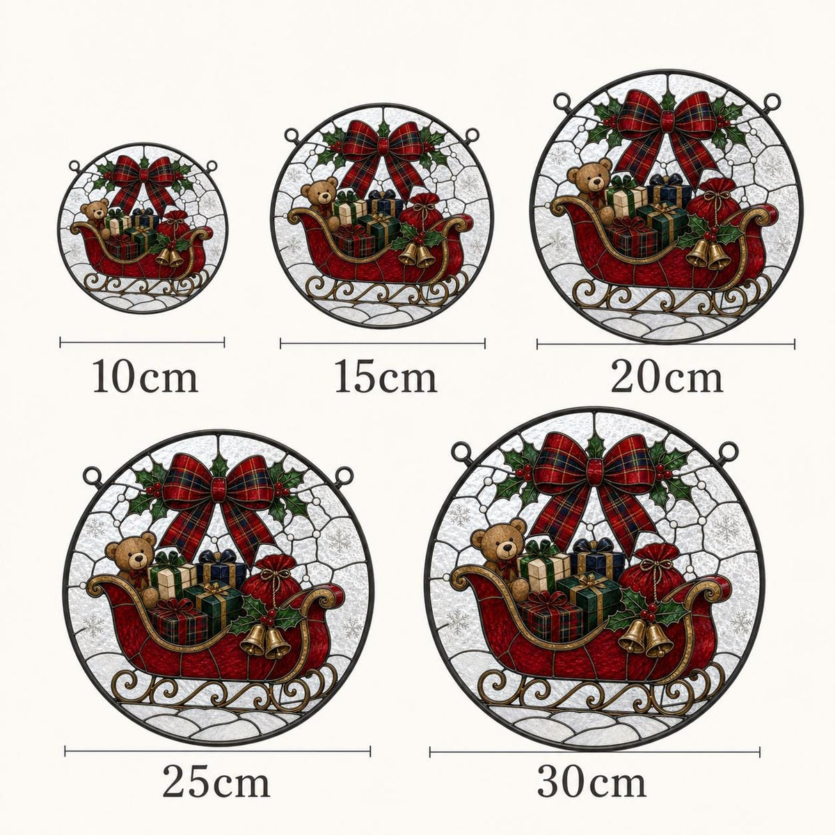 May include: Five circular stained glass-style ornaments featuring a red sleigh filled with gifts, a teddy bear, and a plaid bow. The ornaments are labeled with diameters of 10cm, 15cm, 20cm, 25cm, and 30cm, showing a consistent festive holiday design.