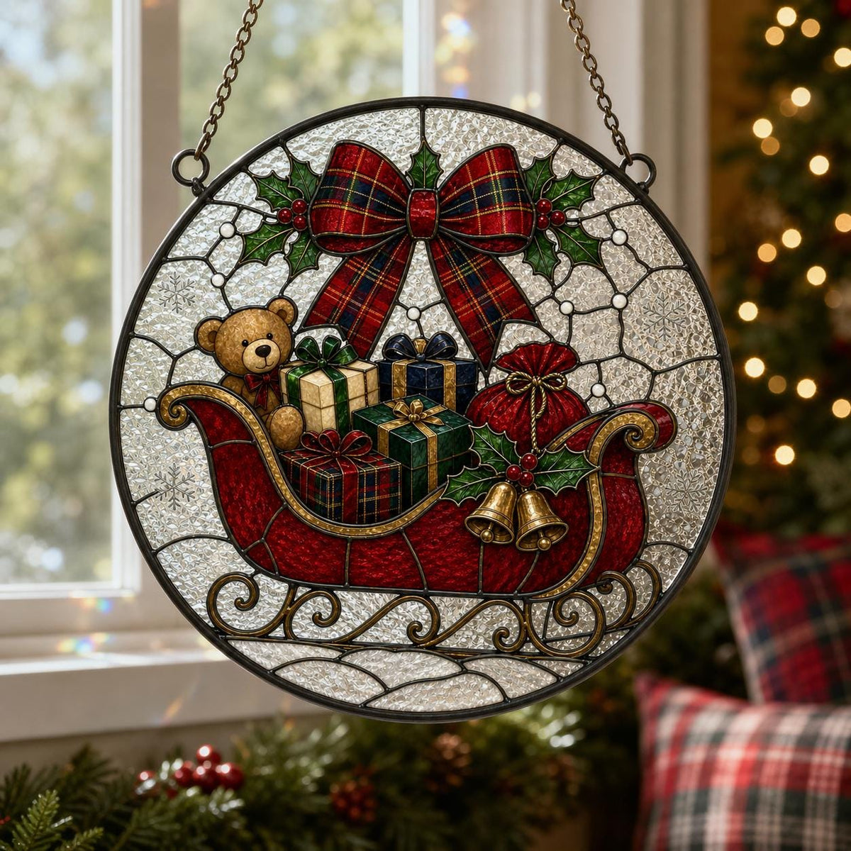 May include: A circular stained glass suncatcher featuring a red sleigh filled with wrapped gifts and a teddy bear. A large red plaid bow sits above the sleigh, accented by green holly leaves and two gold bells. The background has a textured finish.