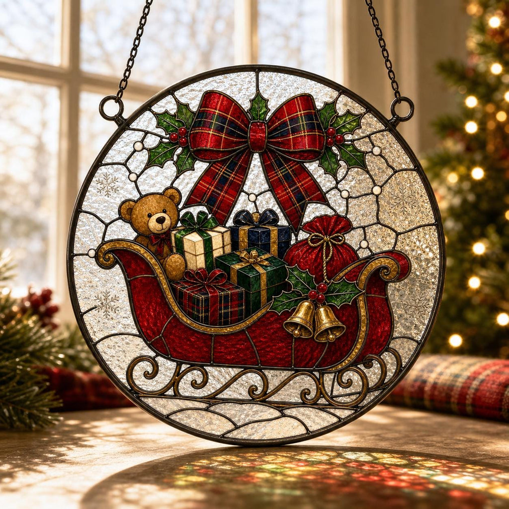 May include: A circular stained glass suncatcher featuring a red sleigh filled with wrapped gifts and a brown teddy bear. A large red and green plaid bow sits above the sleigh, accented by holly leaves and berries. Two gold bells hang from the side.