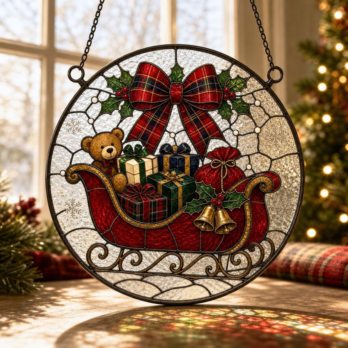 May include: A circular stained glass suncatcher featuring a red sleigh filled with wrapped gifts and a brown teddy bear. A large red and green plaid bow sits above the sleigh, accented by holly leaves and berries. Two gold bells hang from the side.