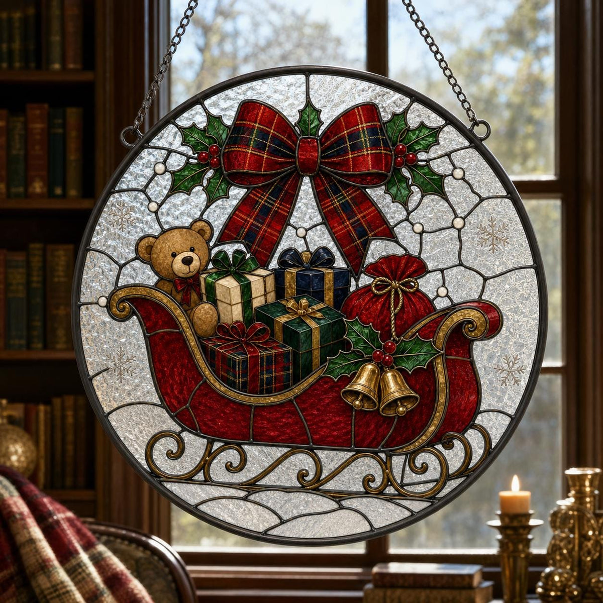 May include: A circular stained glass suncatcher featuring a red sleigh filled with wrapped gift boxes, a teddy bear, and a large red plaid bow. The design includes green holly leaves, two gold bells, and a textured clear glass background with snowflakes.