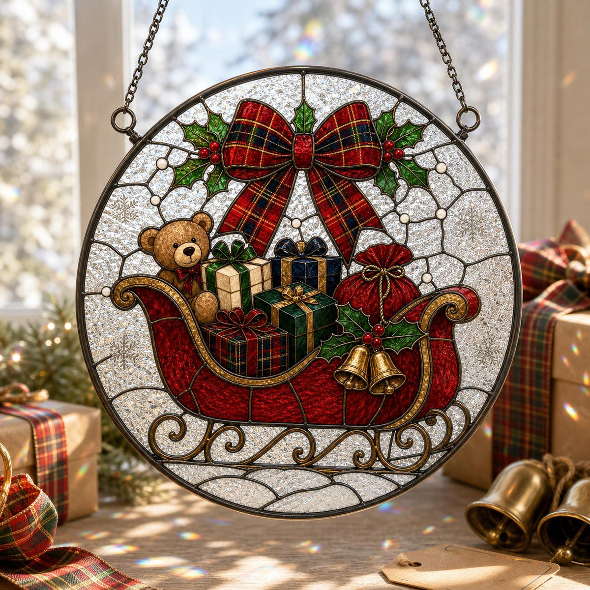 May include: A circular stained glass suncatcher featuring a red sleigh filled with wrapped gifts and a brown teddy bear. A large red plaid bow sits above the sleigh, accented by green holly leaves and two gold bells hanging from the side.