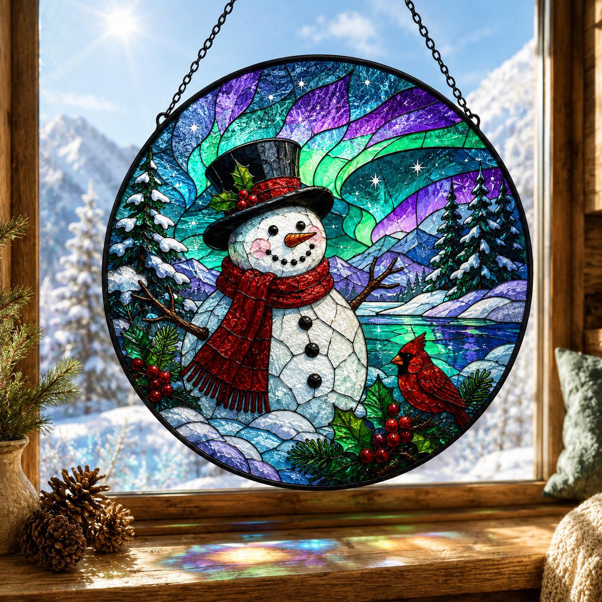 Christmas snowman stained glass style suncatcher with red cardinals, aurora sky and snowy pine forest hanging in a sunny window