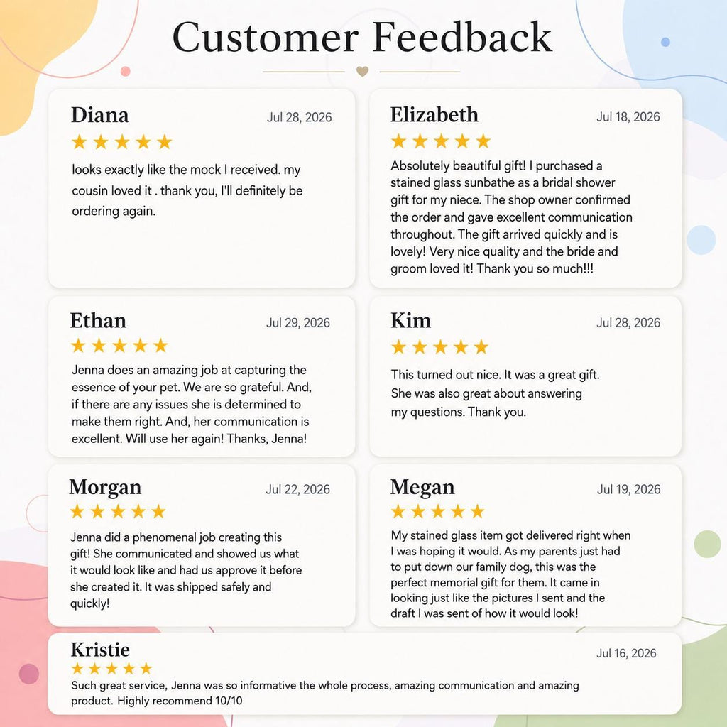 Customer feedback collage showing five-star reviews for colorful spiral stained glass style suncatchers and window hanging decor.