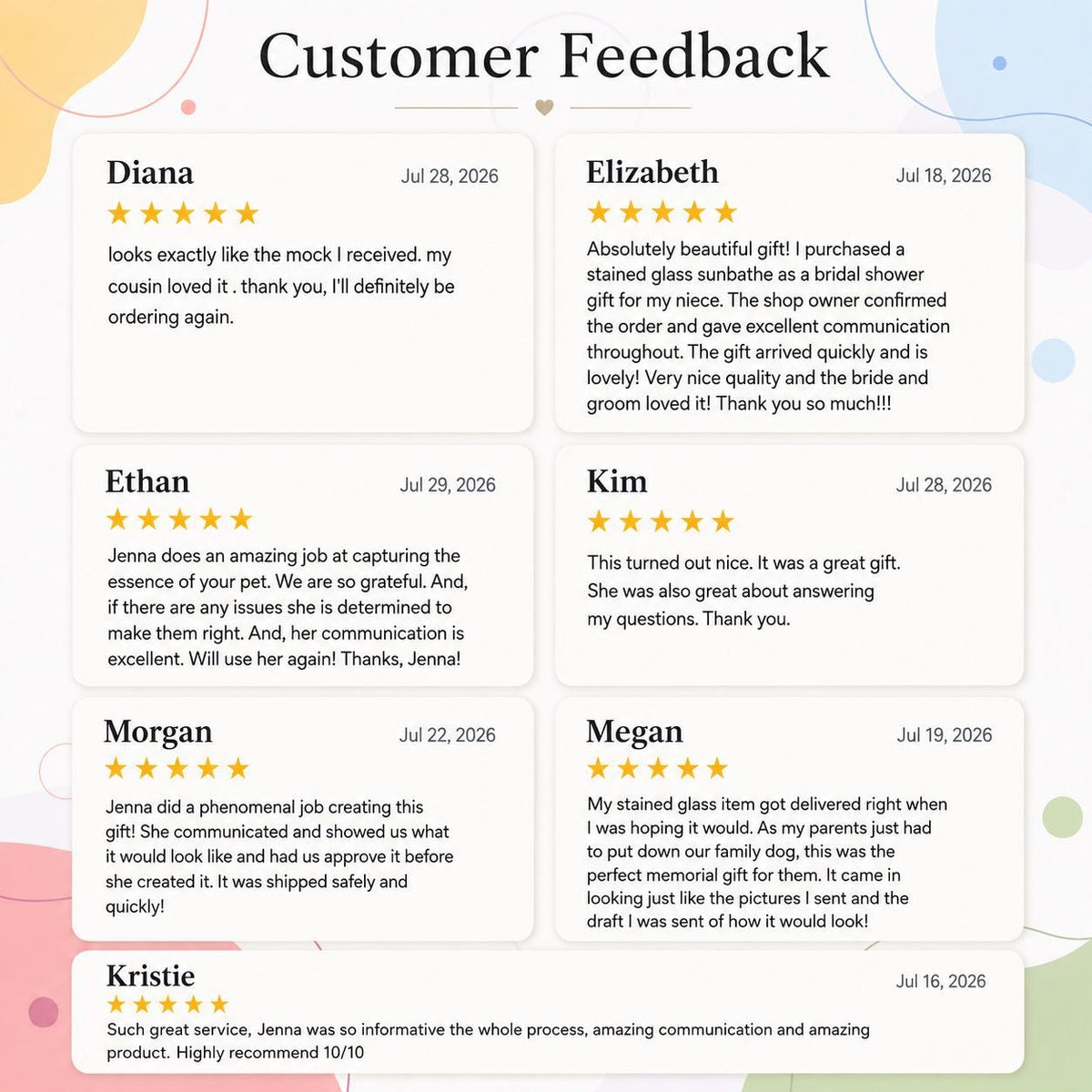Customer feedback collage showing five-star reviews for colorful spiral stained glass style suncatchers and window hanging decor.