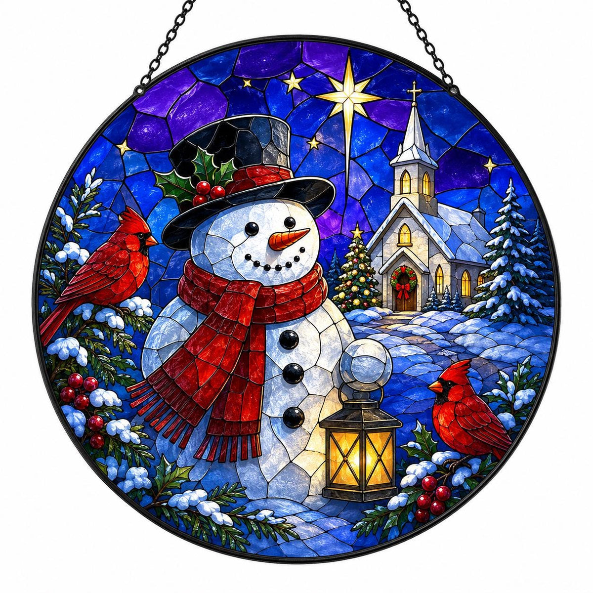 Snowman Christmas stained glass style suncatcher with red cardinal, glowing lantern, snowy church and deep blue starry sky
