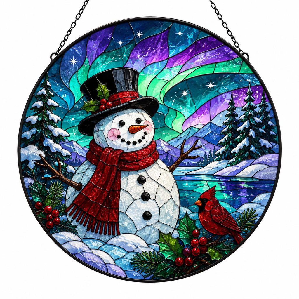 Aurora winter snowman suncatcher with red cardinal, snowy mountains, pine trees and colorful northern lights background