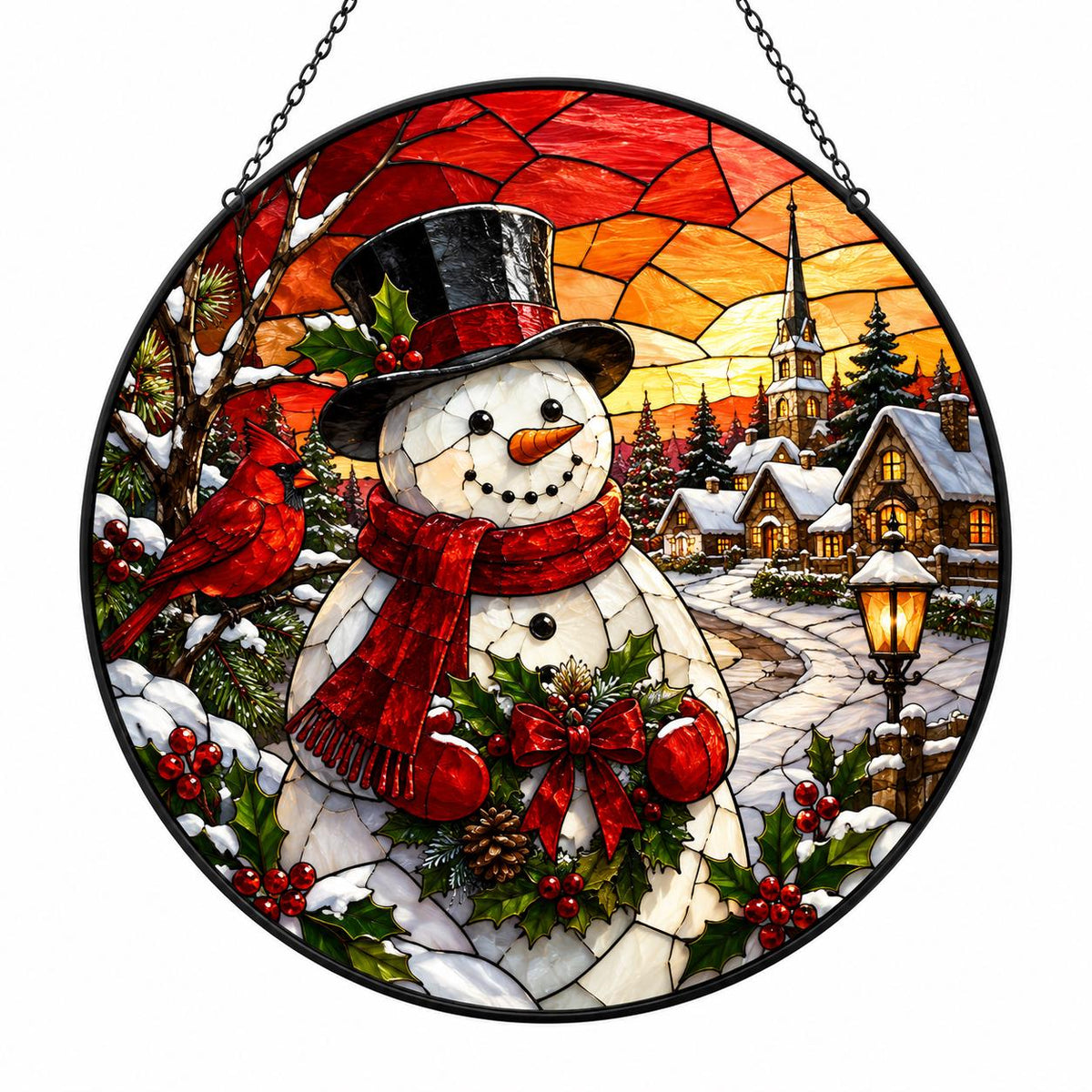 Christmas village snowman suncatcher with red cardinal, holly wreath, snowy cottages and orange sunset winter sky