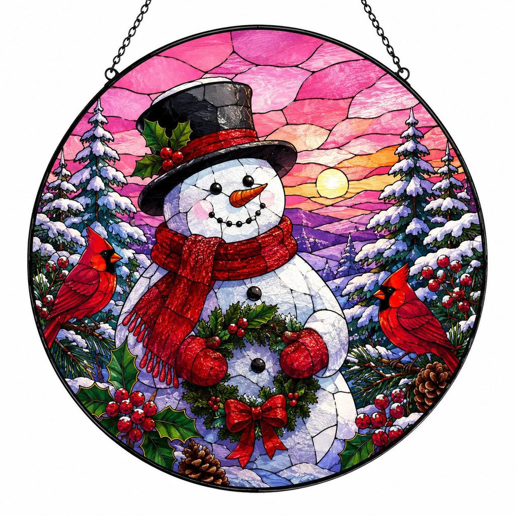 Pink sunset Christmas snowman suncatcher with two red cardinals, snowy evergreen trees, wreath and holiday berries