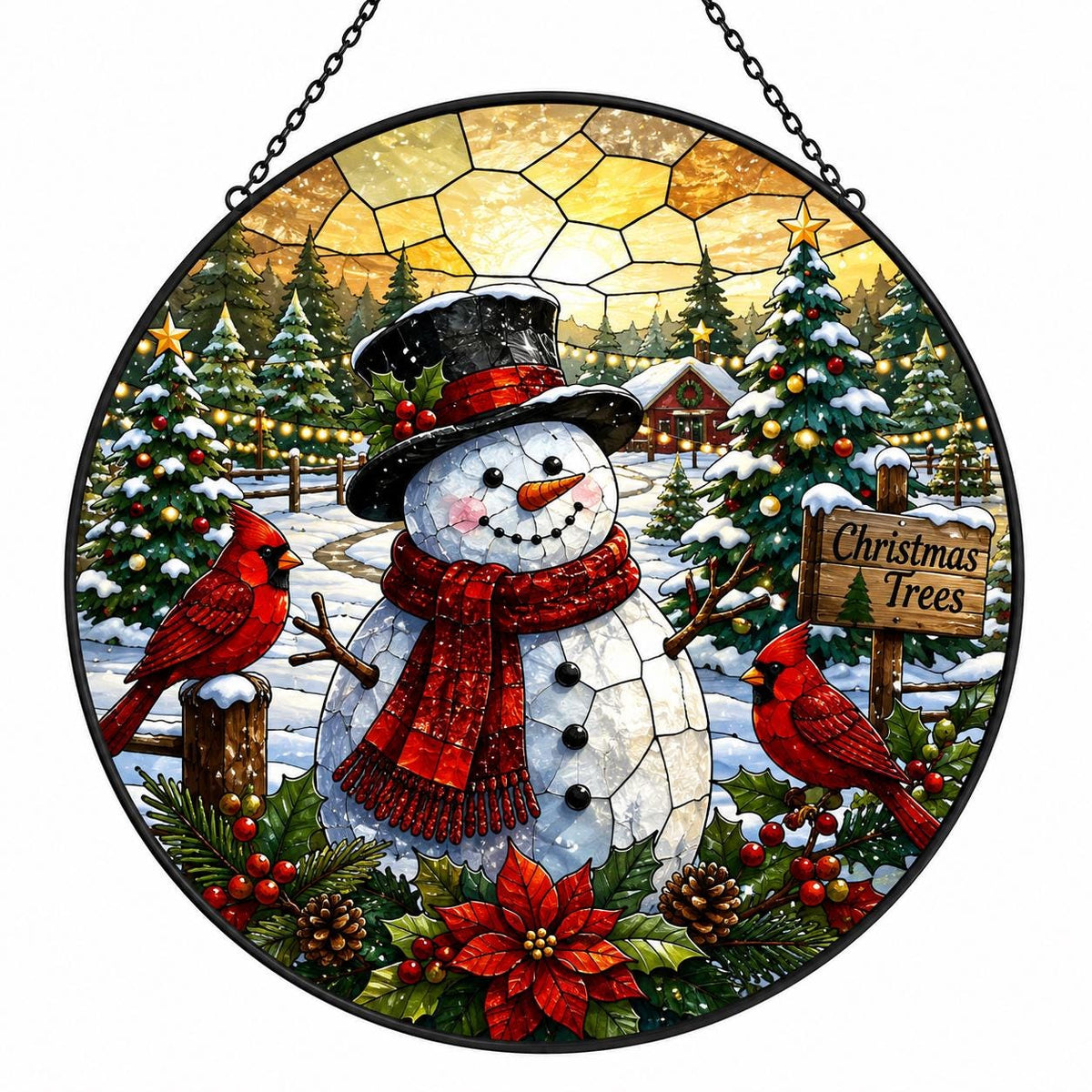 Christmas tree farm snowman window suncatcher with two red cardinals, decorated pine trees, poinsettia and festive lights