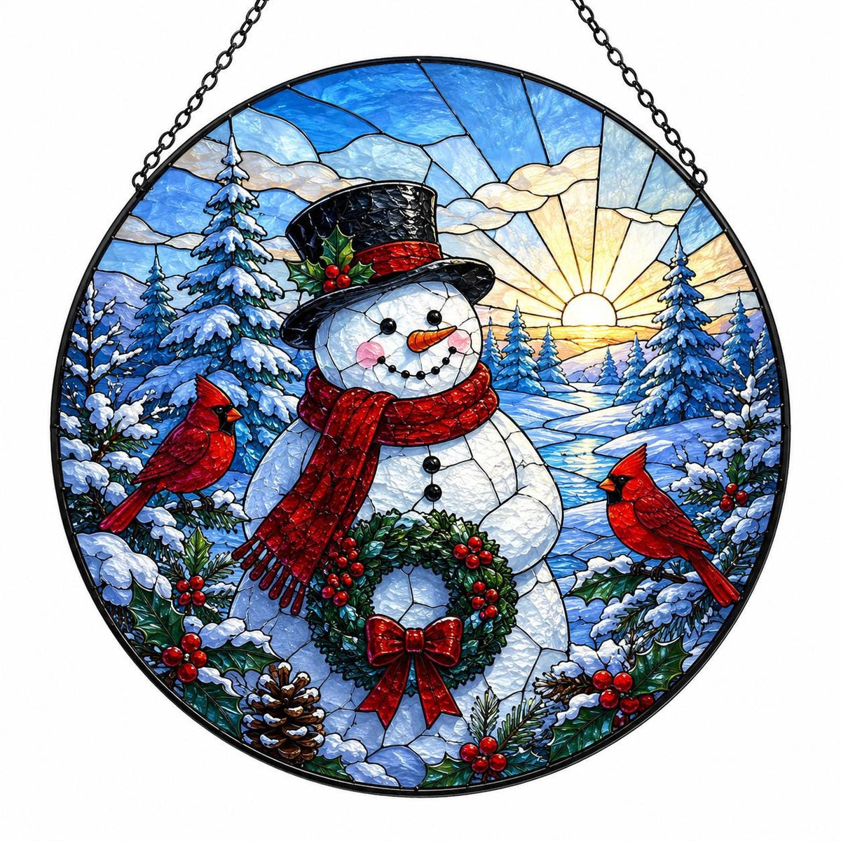 Snowman winter suncatcher with two red cardinals, green wreath, snowy pine forest and golden sunrise over frozen river