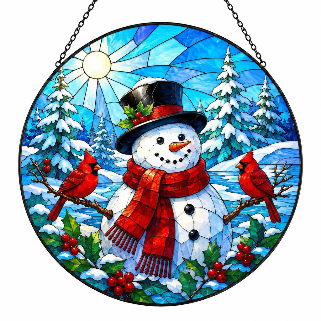 Blue Christmas snowman suncatcher with two red cardinals, snowy evergreen forest, holly berries and bright winter sun