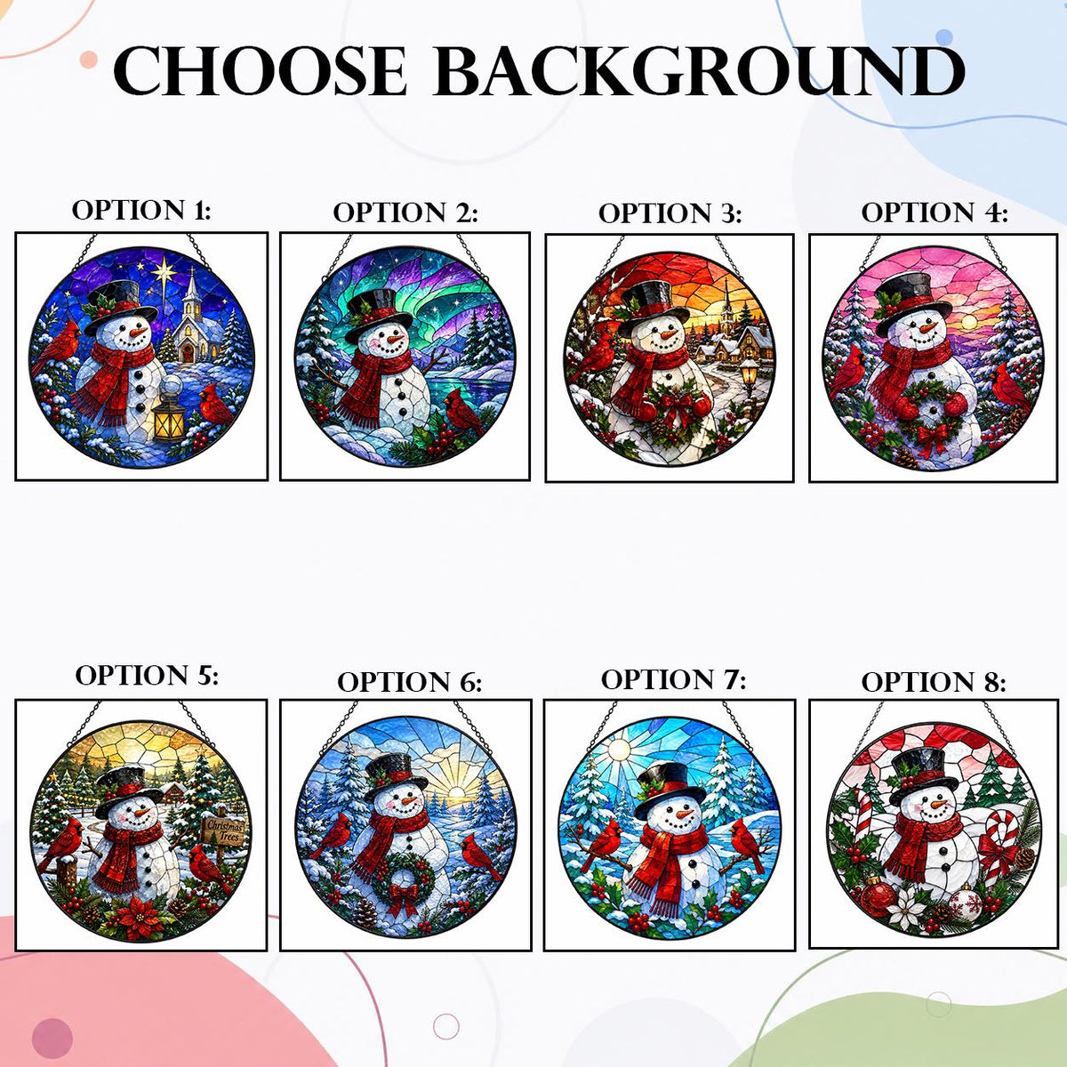 Eight Christmas snowman suncatcher background options featuring cardinals, winter forests, village scenes, church and holiday decorations