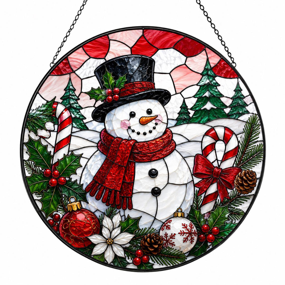 Red and white Christmas snowman suncatcher with candy canes, ornaments, holly leaves, pine branches and festive holiday decor