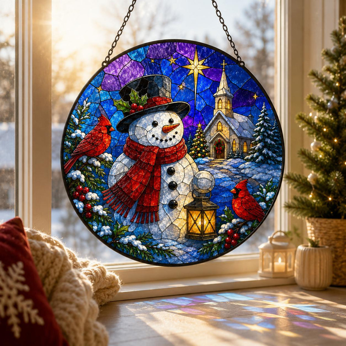 Blue Christmas snowman window suncatcher with red cardinal, glowing lantern, snowy church and starry winter night scene